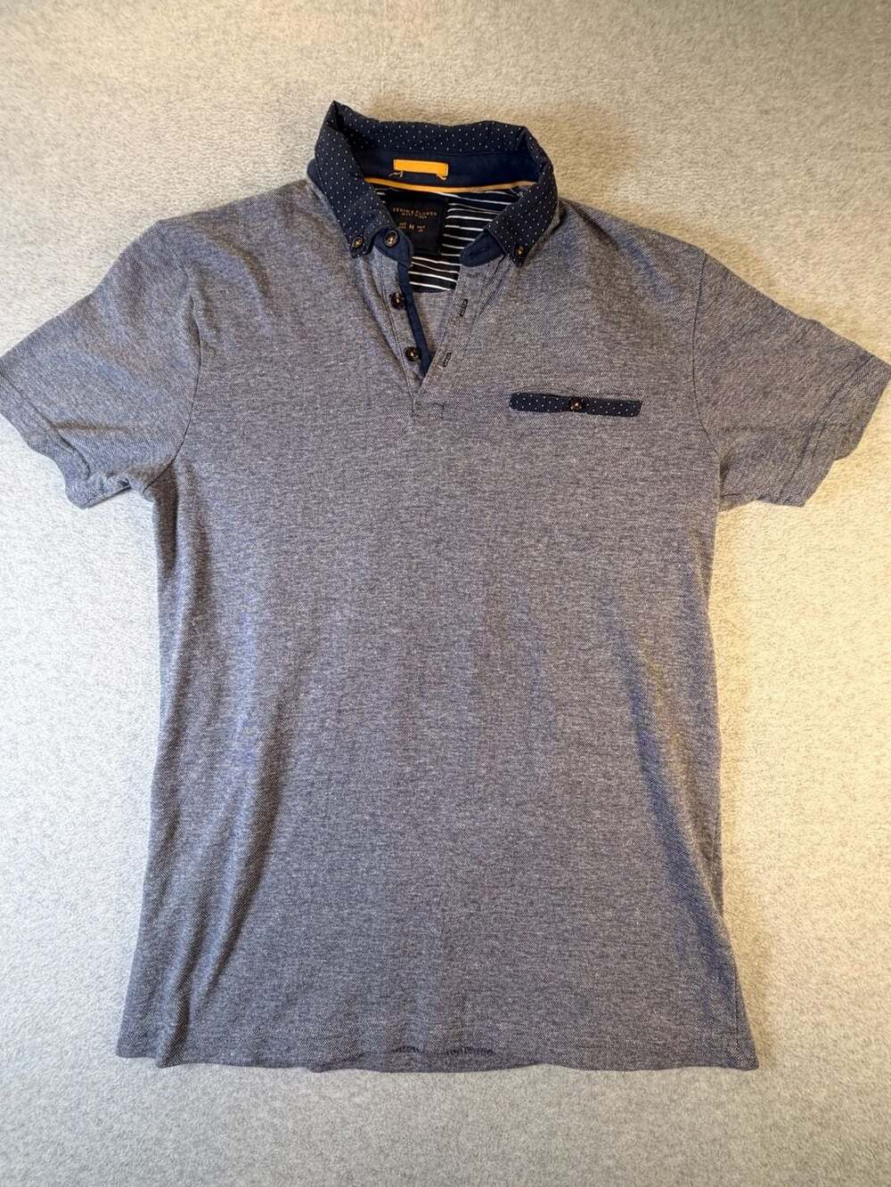 Denim & Flower Ricky Singh Mens Medium Gray Polo Shirt Polka Dot Collar Pocket